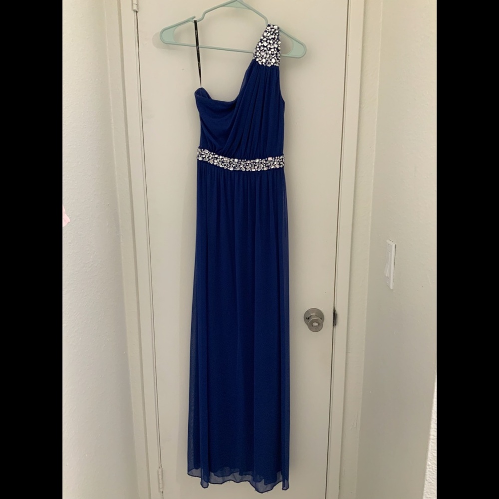 royal blue & silver one shoulder long prom dress size 3